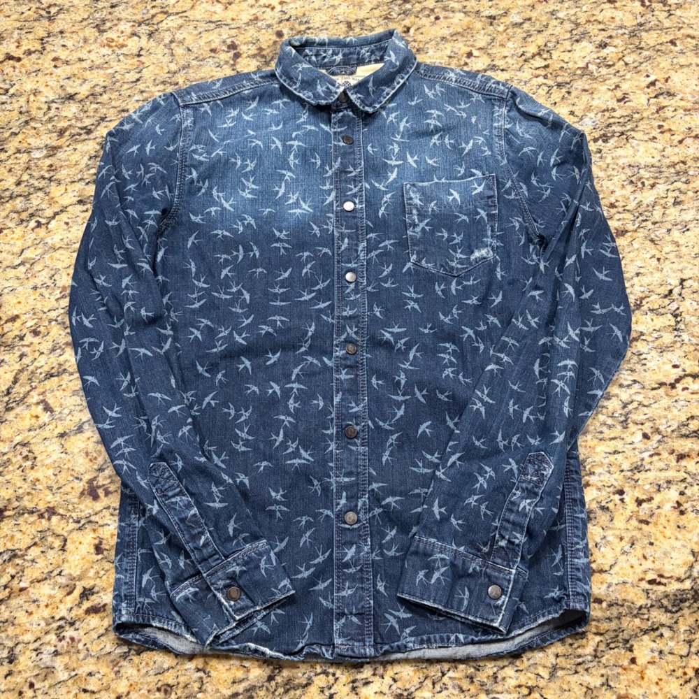 Zara Man Slim Fit Blue Denim Bird Print Button Down Shirt Mens S Long Sleeve ws